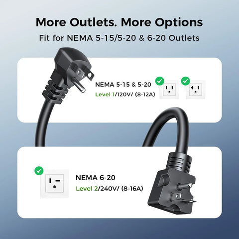 NEMA 5-15/5-20 and 6-20 EV charger adapters for Level 1 and Level 2 charging options with adjustable amperage settings.