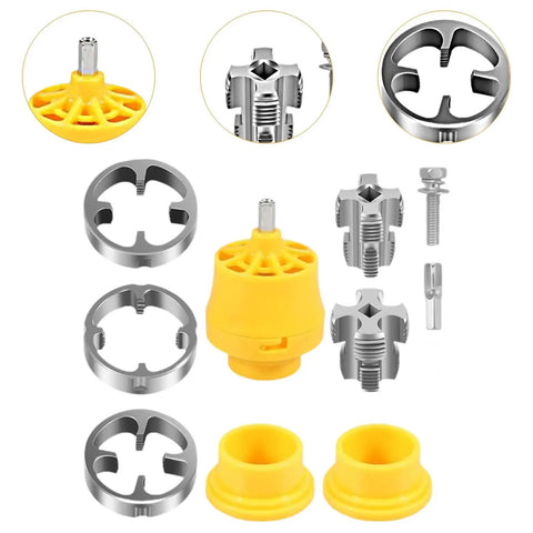 Heavy Duty Pvc Pipe Threader Kit For Electric Drill Quick Connect Die Set components showing yellow and silver pieces for efficient plumbing tasks.