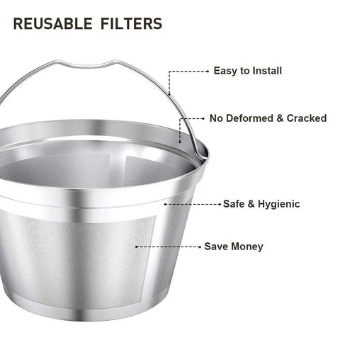 Reusable Stainless Steel Coffee Filter For Mr Coffee Makers, 4 To 6 Cup Basket, shown with handle and labeled benefits