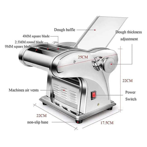 Heavy Duty Electric Noodle And Pasta Maker With Three Interchangeable Blades Six Speed Thickness Control Plus Dumpling Molds And Drying Rack For Fresh Homemade Noodles No Sweat Prep, stainless steel construction with adjustable settings.
