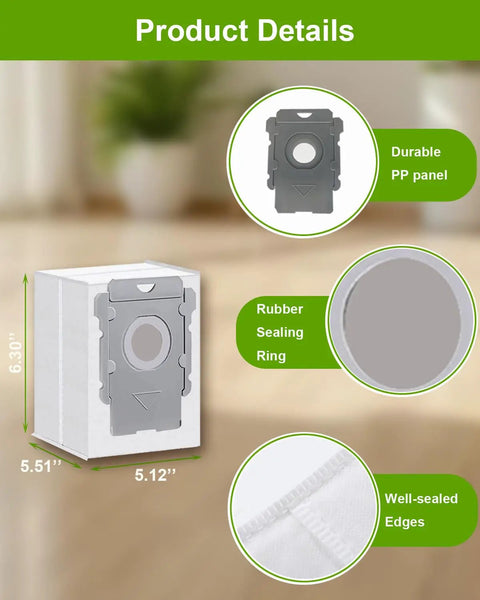 Eight Pack Replacement Vacuum Bags For Roomba I J S Series Compatible With I7 I7Plus I8 details with dimensions and materials