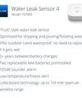 Smart Water Leak Detector 4 With 105dB Alarm, Freeze Warning, Model YS7906 shown with product features and YoLink logo.