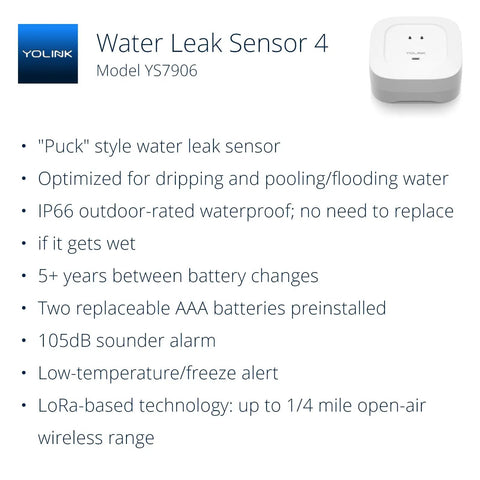 Smart Water Leak Detector 4 With 105dB Alarm, Freeze Warning, Model YS7906 shown with product features and YoLink logo.
