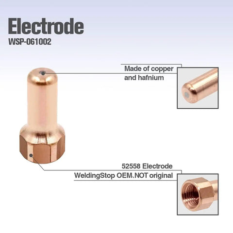 Close-up of an electrode labeled 52558, made of copper and hafnium, for 20 Piece Brass Plasma Electrode Tip Kit For PT80 IPT 80 PTM 80 Plasma Cutters Replacement Parts Includes 10 Electrodes And 10 Nozzles To Keep Your Torch Running Smooth And Ready For Any Cut.