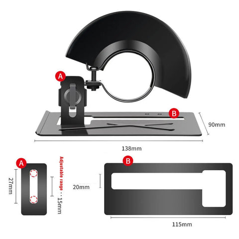 Heavy Duty Thickened Adjustable Steel Angle Grinder Rock Solid Balance Bracket Support Stand Safety Cover for Universal Fit Precision Woodworking Cutting Tasks and DIY Projects with measurements.