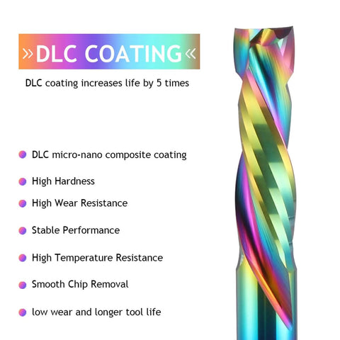 Compression CNC Router Bits Set For Woodworking, Spiral End Mills With One Eighth Inch Shank, DLC coated close-up view