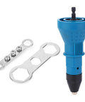 Electric Rivet Nut Gun Adapter Kit With Four Interchangeable Heads For Fastening Sheet Metal Auto Repair And Diy Projects Compatible With 1000Rpm Drills blue drill attachment with two wrenches
