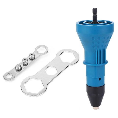 Electric Rivet Nut Gun Adapter Kit With Four Interchangeable Heads For Fastening Sheet Metal Auto Repair And Diy Projects Compatible With 1000Rpm Drills blue drill attachment with two wrenches