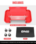 Three Drawer Rolling Tool Chest And Mechanic Seat With Tool Trays Pro Grade Heavy Duty 350 Pound Weight Capacity Red Finish