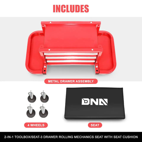 Three Drawer Rolling Tool Chest And Mechanic Seat With Tool Trays Pro Grade Heavy Duty 350 Pound Weight Capacity Red Finish