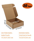 Rock Solid 50 Pack Small Shipping Boxes 6x6x2 Inch Brown Kraft Corrugated Cardboard Mailing Cartons open with dimensions for easy packing