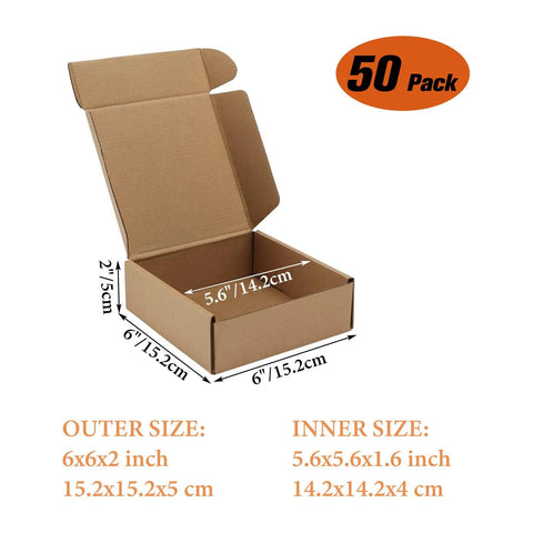 Rock Solid 50 Pack Small Shipping Boxes 6x6x2 Inch Brown Kraft Corrugated Cardboard Mailing Cartons open with dimensions for easy packing