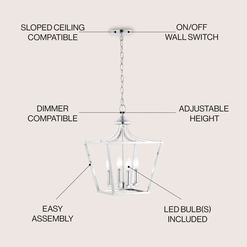 Chrome 13 Inch 4 Light Pendant Lantern With Adjustable Chain For Kitchen Island Foyer And Entryway Modern Farmhouse Vibe Ceiling Light LED Bulbs Included, featuring adjustable height and LED bulbs.