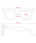 Dimensions of Smart AI Glasses For Men And Women With 12 MP Ultra Wide Camera Open Ear Audio Hands Free Video Recording Bluetooth Connectivity Clear Lenses Slim Wearable Tech You Can Wear All Day Capture Moments On The Go shown with front and side views, measurements in millimeters.