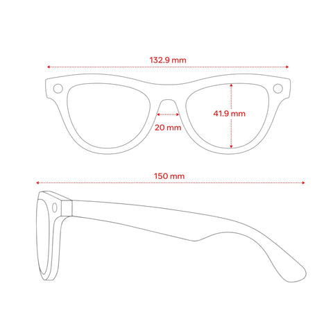 Dimensions of Smart AI Glasses For Men And Women With 12 MP Ultra Wide Camera Open Ear Audio Hands Free Video Recording Bluetooth Connectivity Clear Lenses Slim Wearable Tech You Can Wear All Day Capture Moments On The Go shown with front and side views, measurements in millimeters.
