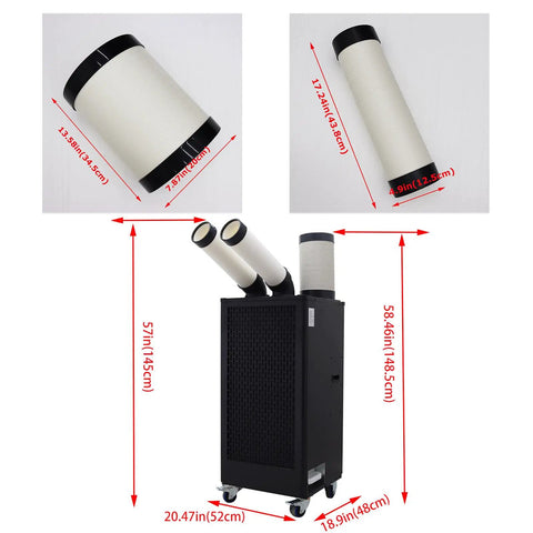 Job Site Ready Heavy Hitter Industrial Air Conditioner Double Exhaust Extendable Duct High Performance Outdoor Ventilation Fan 15400 Btu 220V Built Tough Cooling System Black with measurements.