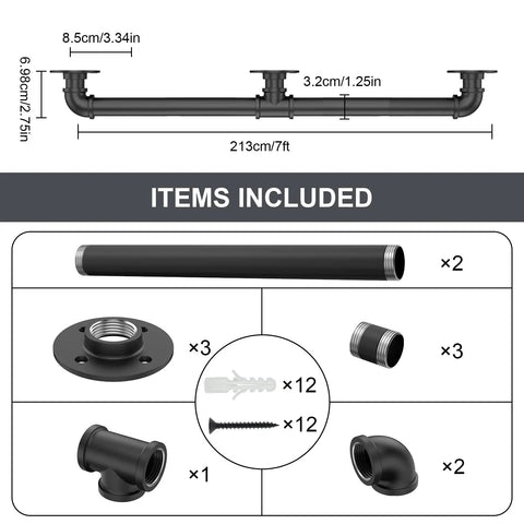 Rock Solid Seven Feet Industrial Stair Handrail Featuring Non Slip Black Iron Pipe Construction parts layout with black pipe, flanges, and fittings.