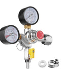 Front view of VEVOR dual-gauge CO2 regulator for draft beer, brass body with red knob and yellow lever