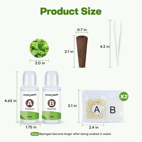 86 Piece Hydroponic Pods Kit With 600ml A And B Nutrients includes grow sponges and labels, showing product size dimensions
