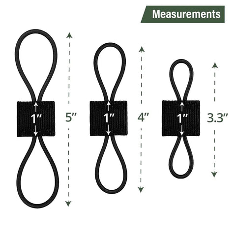 Elastic MOLLE Binding Ribbon Kit for Backpacks and Vests, three black retainer straps in different sizes with measurements