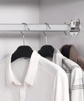 Tough As Nails Six Pack Stainless Steel Closet Rod Brackets U Shaped Heavy Duty Flange Sockets Rust Proof wardrobe holders supporting shirts.