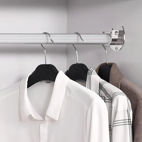 Tough As Nails Six Pack Stainless Steel Closet Rod Brackets U Shaped Heavy Duty Flange Sockets Rust Proof wardrobe holders supporting shirts.