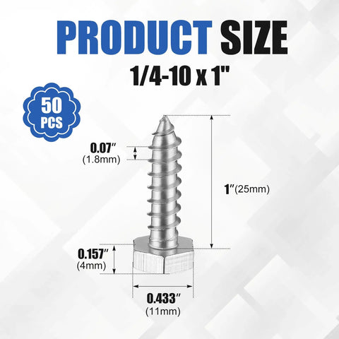 Image showing dimensions of a lag screw from 50 Pack 1/4 In By 1 In Hex Head Lag Screws 304 Stainless Steel Heavy Duty Wood Bolts For Outdoor Decks Docks And DIY Projects Weather Resistant Corrosion Resistant.