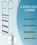 Heavy Duty Aluminum Dock Ladder Beefy Build With 500 Pound Capacity, Four Step, Non Slip Wide Steps For Wet Surfaces, Removable Design, Sturdy Frame That Will Not Wobble, Easy Setup For Boats, Docks, Or Piers, 4-step dock ladder with dimensions