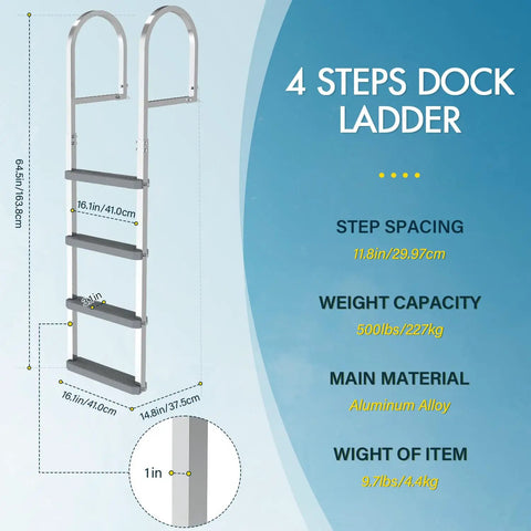 Heavy Duty Aluminum Dock Ladder Beefy Build With 500 Pound Capacity, Four Step, Non Slip Wide Steps For Wet Surfaces, Removable Design, Sturdy Frame That Will Not Wobble, Easy Setup For Boats, Docks, Or Piers, 4-step dock ladder with dimensions