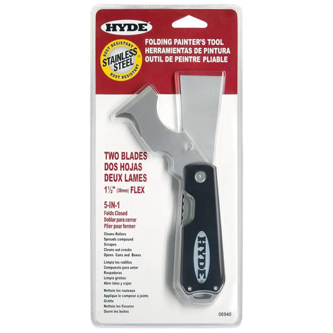 Dual Blade Folding Painter Tool Five In One Stainless Steel Multi Tool with Flexible Putty Knife in packaging