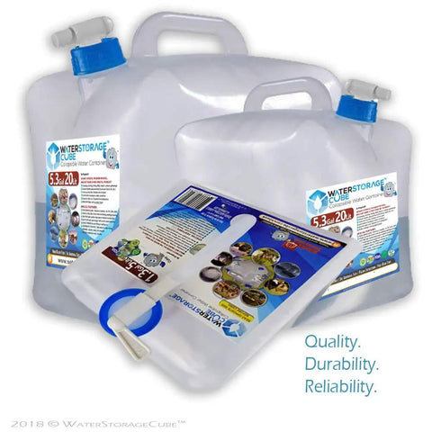 BPA Free Collapsible Water Container With Spigot For Your Go To Camping And Outdoors Setup Food Grade Portable Water Storage Carrier Jug For Hiking And Emergencies Foldable Canteen 5.3 Gal 2 Pack showing two containers and labels.