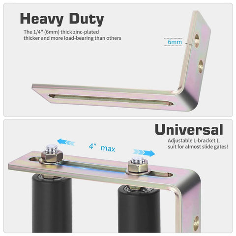 Heavy Duty Sliding Gate Roller Kit With 6 Inch Nylon Rollers Adjustable L Bracket and Support Hardware detail view