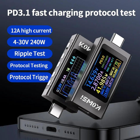 USB C Power Meter Tester With LCD Display Digital Multimeter For PD 3.1 Protocol Testing Type C Voltage And Current Meter Fast Charging Up To 240W 40V 12A Handy USB C Voltage Tester For Your Charging Gear on a phone