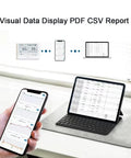 WS1-Pro Smart WiFi Temperature Humidity and Light Monitor displaying data on smartphone and tablet for real-time alerts and reports