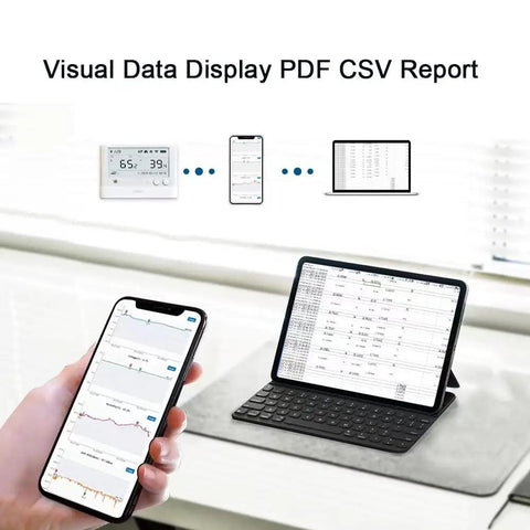 WS1-Pro Smart WiFi Temperature Humidity and Light Monitor displaying data on smartphone and tablet for real-time alerts and reports