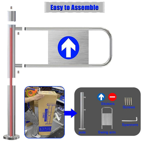 Self Closing Safety Fence Gate With Heavy Duty Post Mount And Spring Loaded Auto Return One Way Swing Door Built Tight For Warehouses Retail Stores No Sweat Install, showing assembly components.