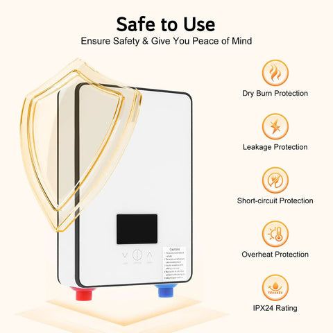 Space Saving Electric Tankless Water Heater With 4500 Watt Element showing safety features and LED display for protection.