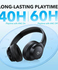 Q20i Hybrid Active Noise Cancelling Wireless Over Ear Headphones With 40 Hour Battery Life Dope Bass Rich Hi Res Audio App Customization Transparency Mode Black shown with 40H and 60H battery life indicators on a blue background.