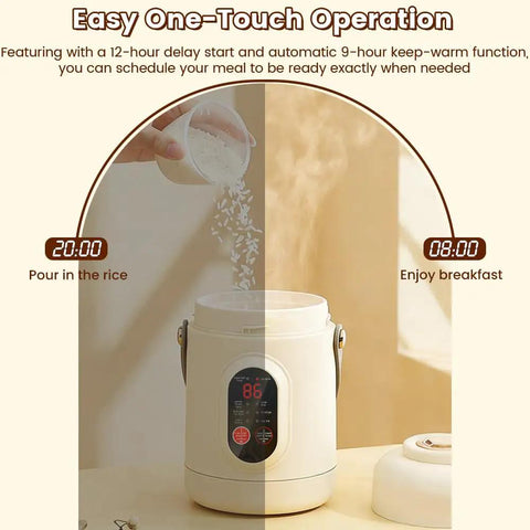 Easy one-touch operation of Grab And Go 800Ml Capacity 500W Electric Pot Mini Cooker with rice pouring and keep warm display
