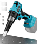 Straight Up Heavy Duty Knockout Brushless Cordless Rivet Gun Compatible With Makita 18V Battery Tool Only on metal surface with accessories.