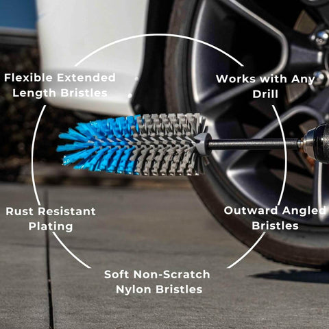 Extended Reach Drill Brush Attachment For Cars And Trucks With Beast Power And Heavy Duty Non Scratch Nylon Bristles in use