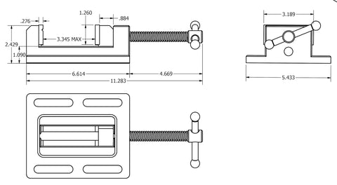 Technical diagram of Low Profile Drill Press Vise 3 Inch with precision jaw and casting dimensions for clamping.