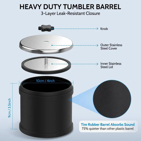 Totally Complete Gemstone Tumbler Kit For Adults And Kids with LCD Display showing 3-layer leak-resistant tumbler barrel diagram