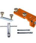 Heavy Duty Aluminum Profile Tapping Guide Drill Jig For Metal Extrusion Tracks, orange metal with drill bits and clamps.