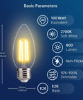 Diagram showing LED bulb with 100W Equivalent LED Candelabra Bulbs For Chandeliers, 800 Lumens, Dimmable Soft White 2700K, E26 Base, Low Heat