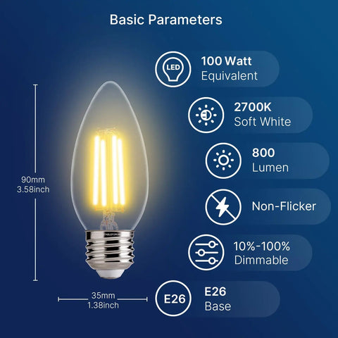 Diagram showing LED bulb with 100W Equivalent LED Candelabra Bulbs For Chandeliers, 800 Lumens, Dimmable Soft White 2700K, E26 Base, Low Heat