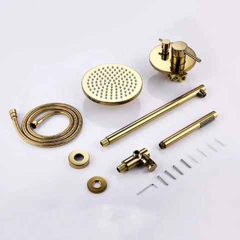 UMJIGF Shower System Titanium Gold Brass Luxury Mixer Shower Faucet Set Wall Mounted, includes round shower head and handle.