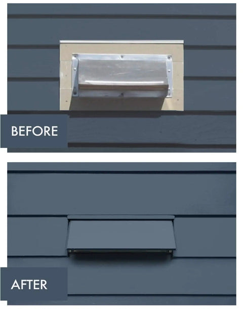 Before and after installation of Easy Fit 10 Inch Rectangle Vent For Kitchen Exhaust Fans, beige finish, seamless wall integration.