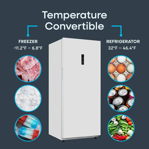 14 Cu Ft Convertible Upright Freezer And Refrigerator In Warm White Panel featuring temperature settings for freezer and fridge.
