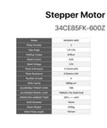 Front view of 34CE85FK-600Z stepper motor data sheet showing 8.5 N·m torque and 6.0 A current.